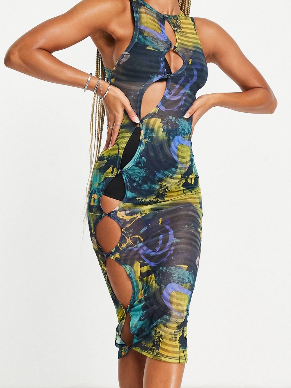 Jaded London Sheer Abstract Cutout Tank Dress in Blue and Yellow